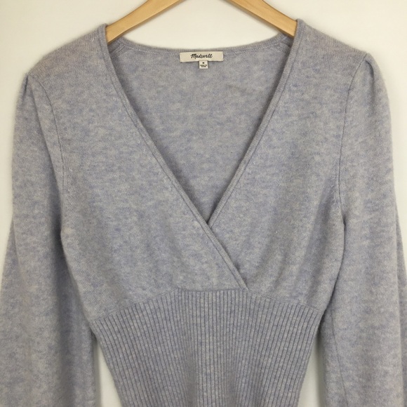 Madewell Balloon Sleeve Sweater Lavender V-neck Cropped Ribbed Knit Size M - Picture 2 of 10
